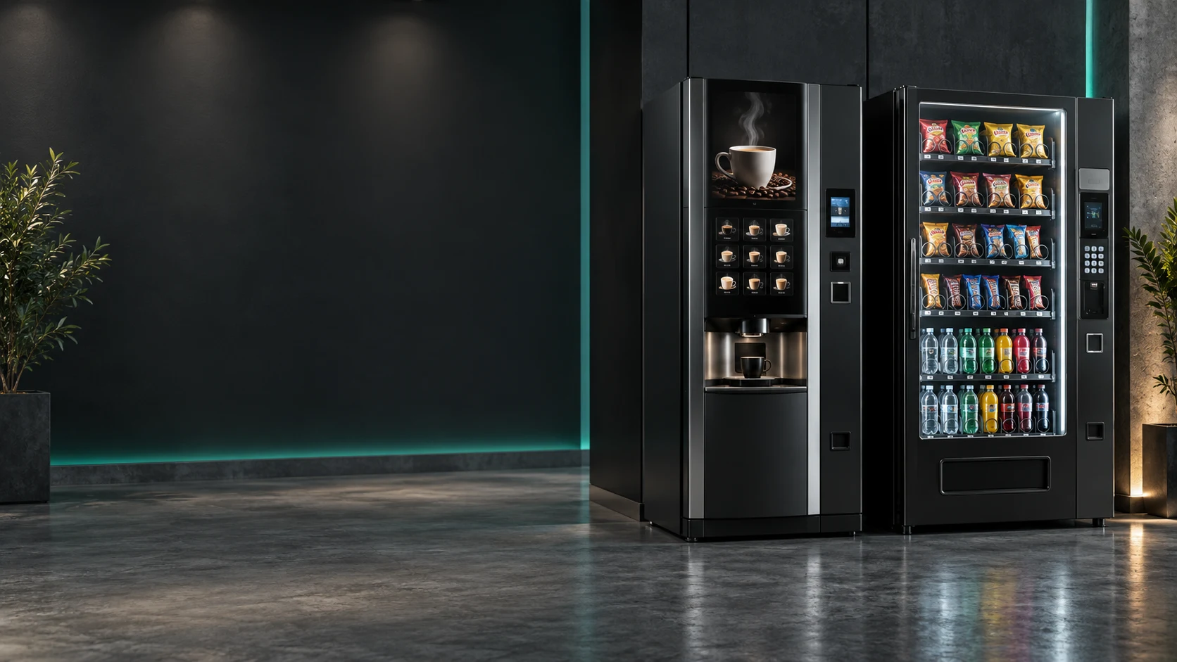 Distributeurs de café et de snacks dans un espace contemporain
